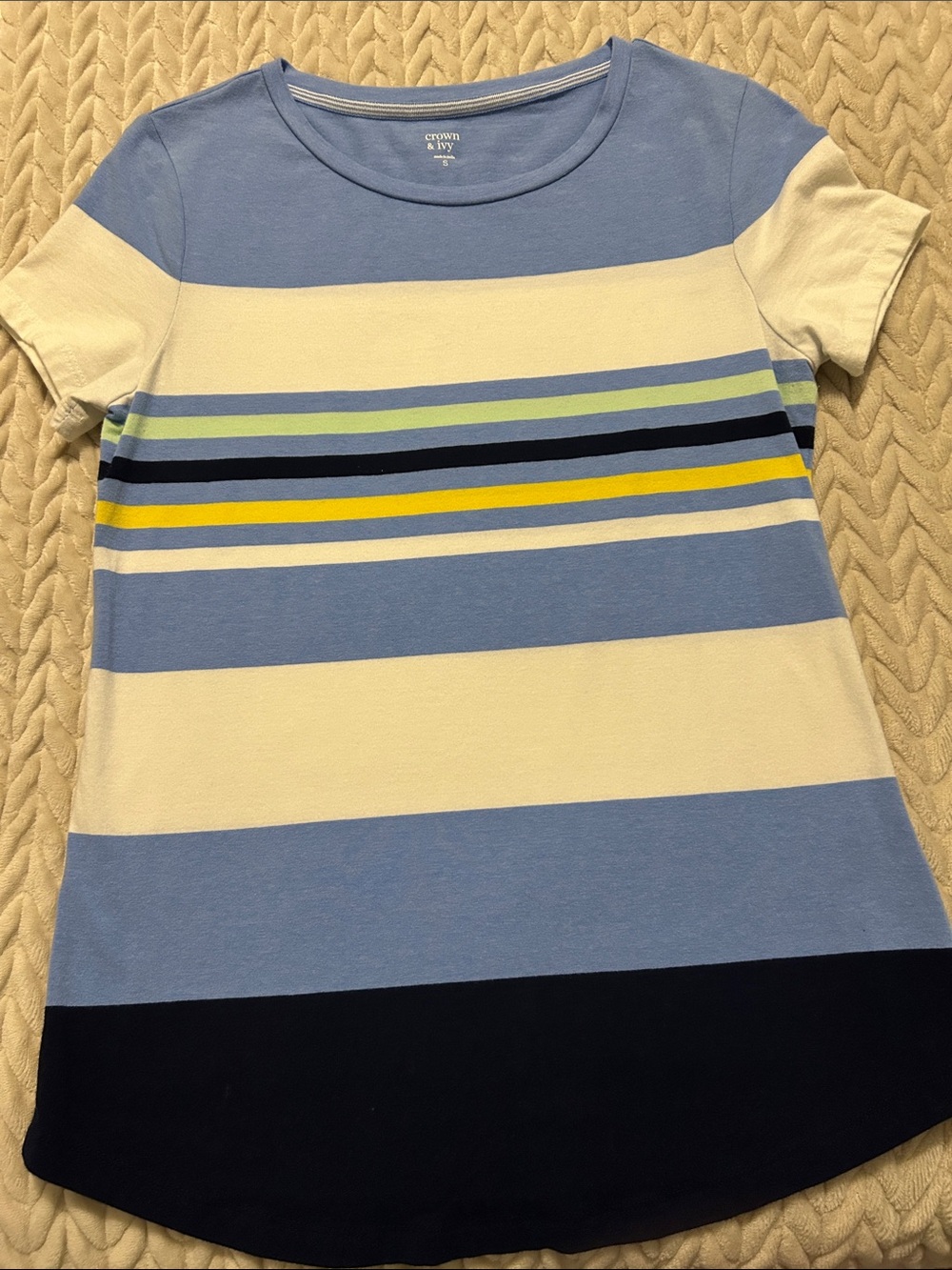 crown & ivy Blue, White and Navy Striped Short Sleeve Tee with Yellow Accent